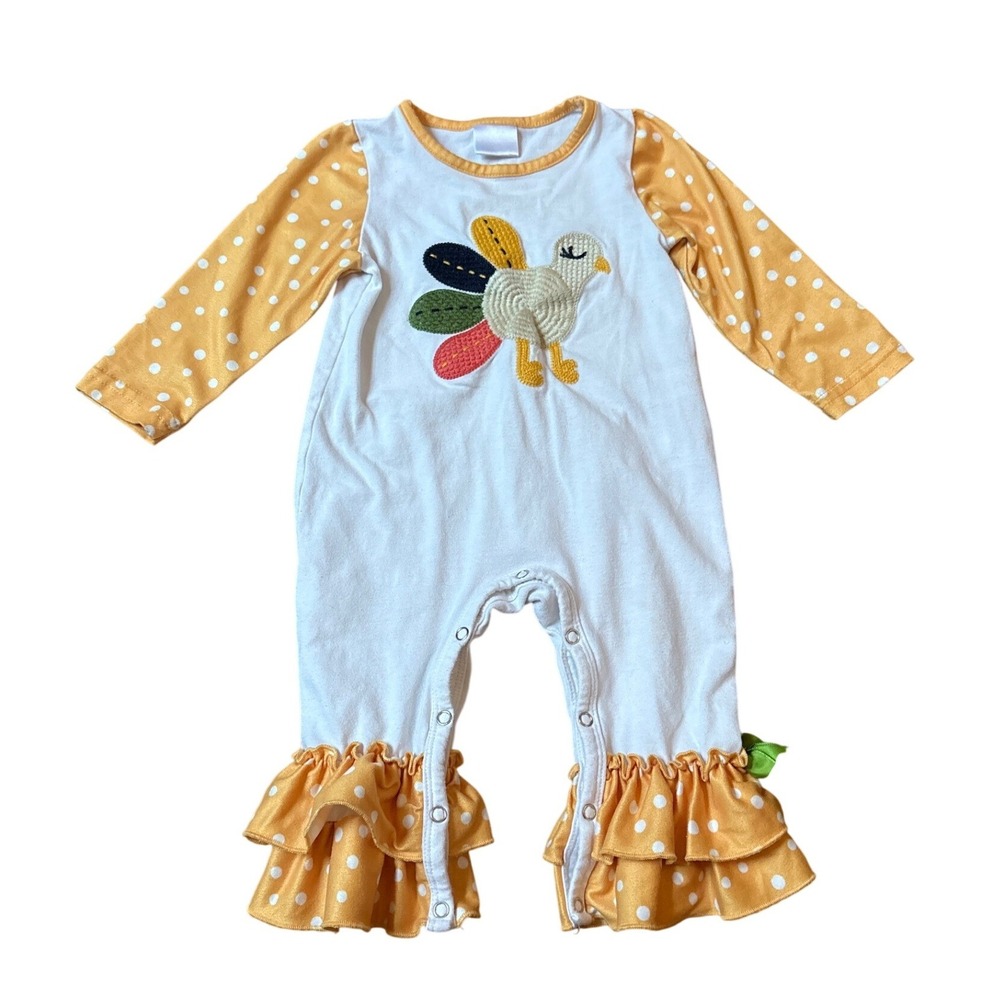 Honey Bean Romper Kids Orange White Turkey Polka Dot Ruffle SIZE 3-6m
